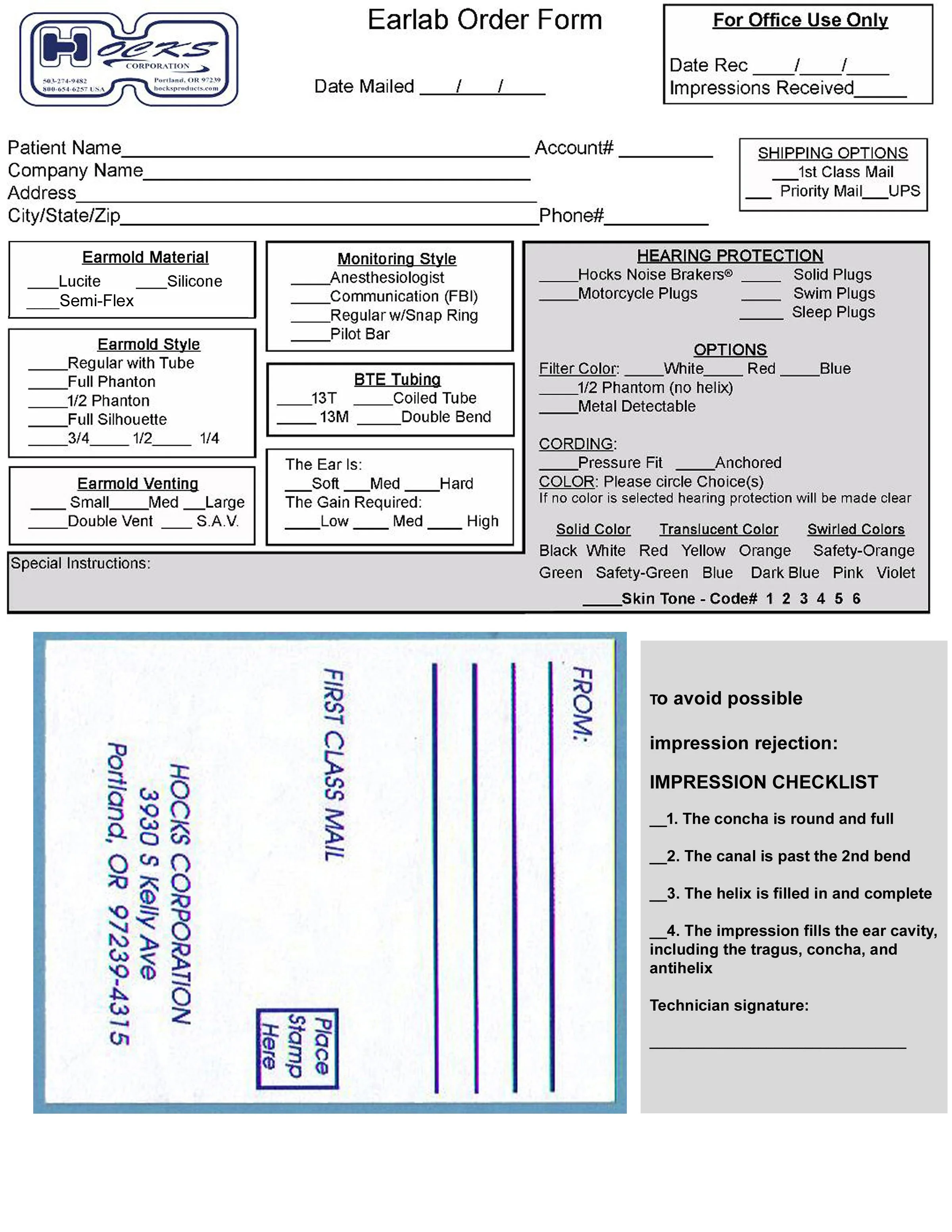 Hocks Earmold Lab Order Form & Mailing Label — Hocks Hearing